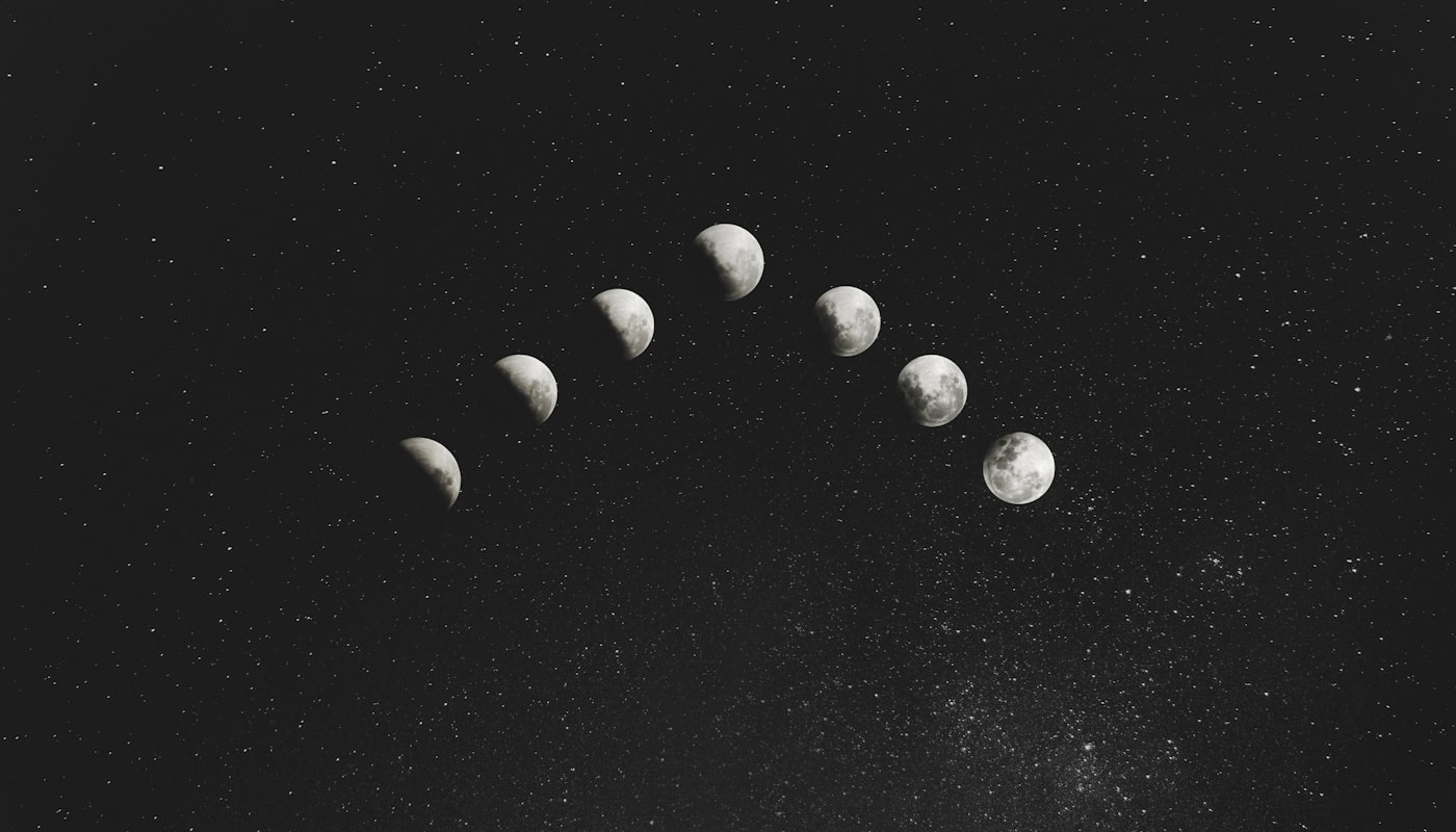 Fazele lunii, fotografiate una lângă alta pe cerul înstelat